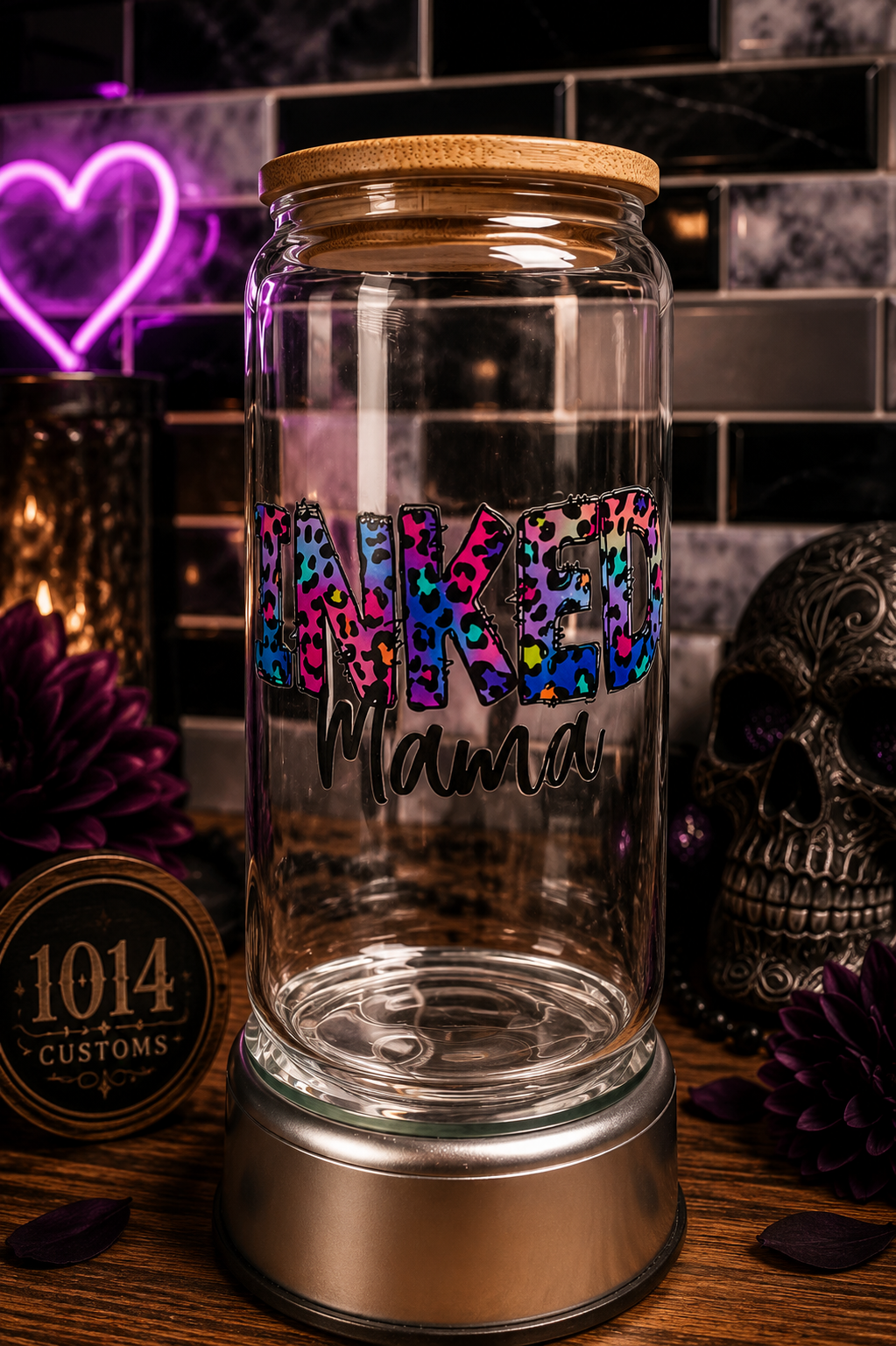 Inked Mama 16 oz Glass Tumbler with Bamboo Lid
