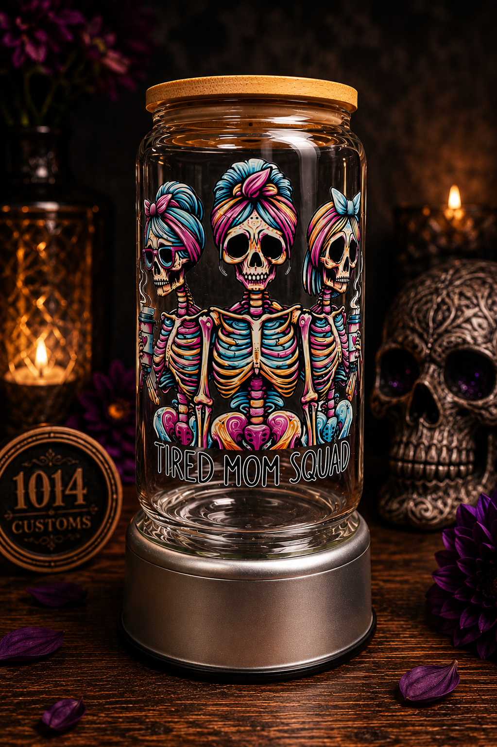 Tired Mom Squad 16oz Glass Tumbler with Skeleton Design