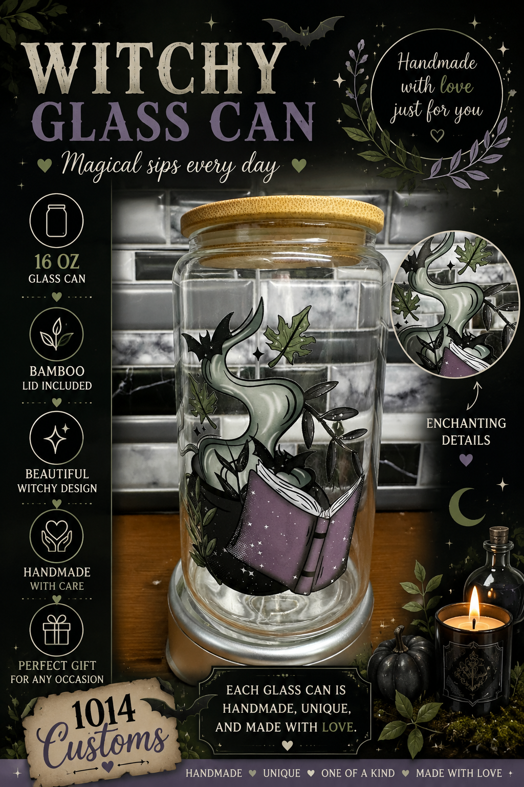 Mystical Cauldron & Spellbook 16oz Glass Tumbler