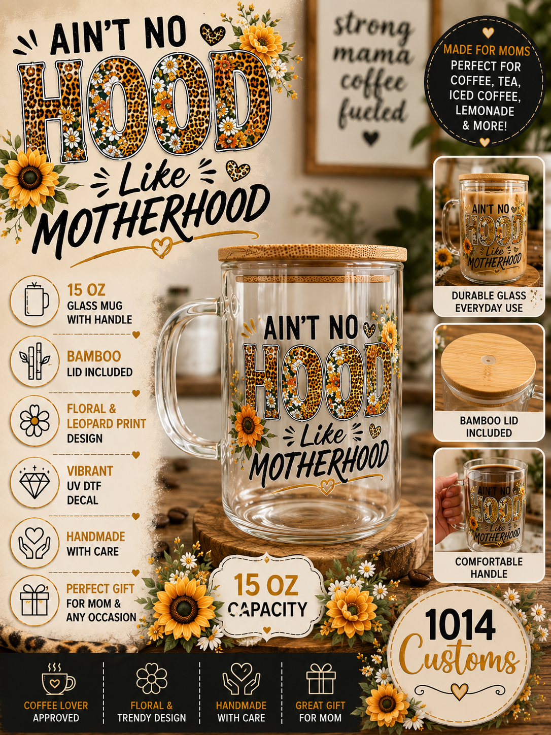 Ain't No Hood Like Motherhood - 15 oz Glass Mug with Bamboo Lid