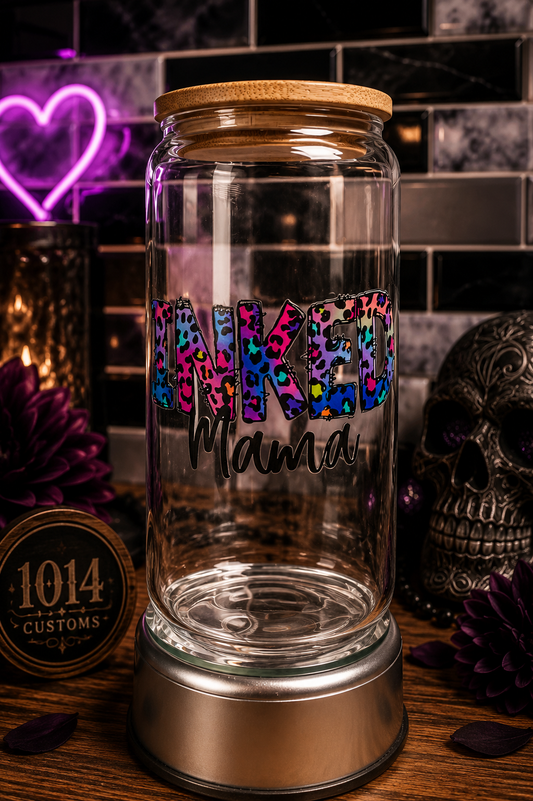 Inked Mama 16 oz Glass Tumbler with Bamboo Lid
