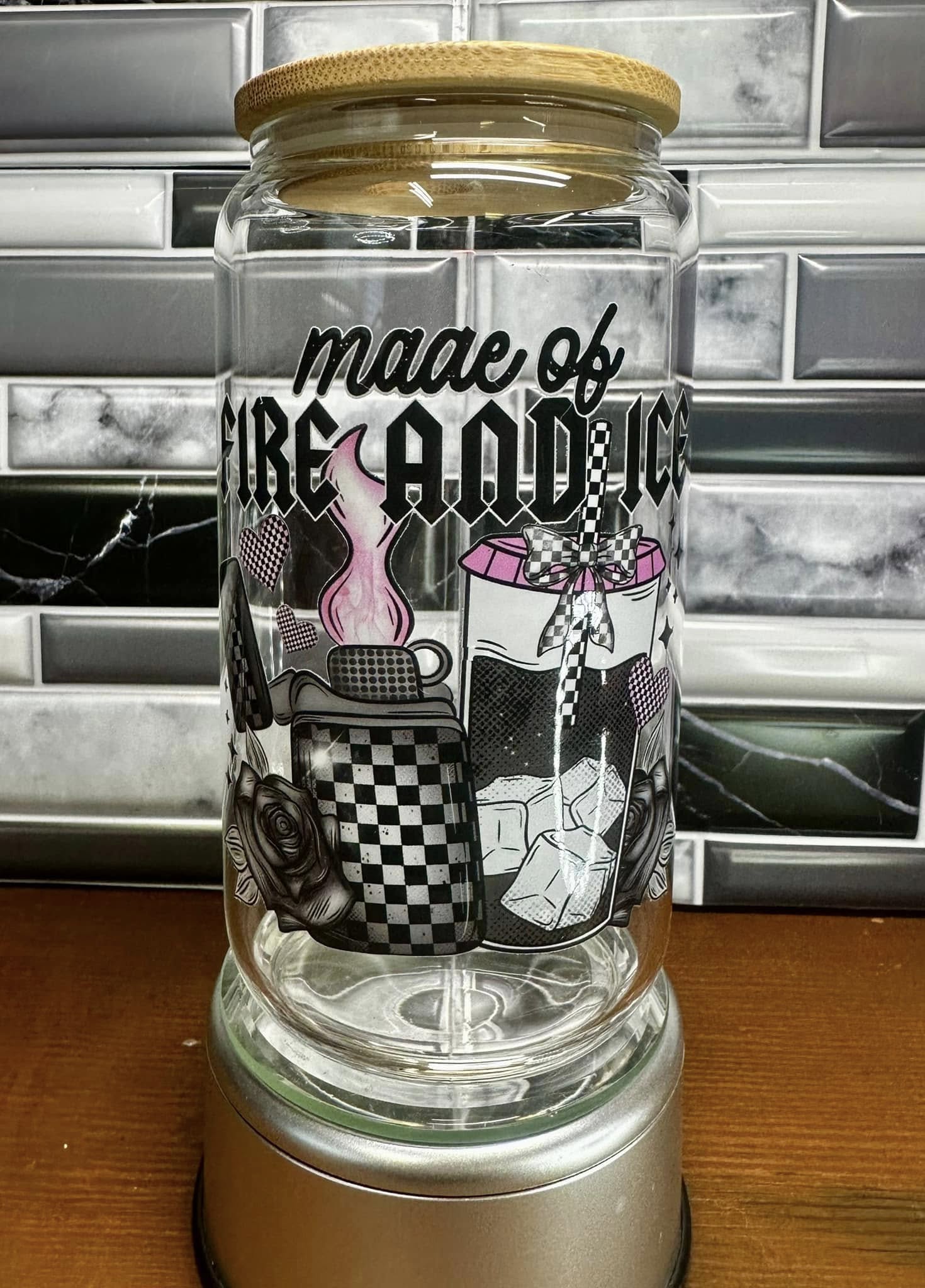 Made of Fire and Ice 16oz Glass Tumbler with Rock Band Design