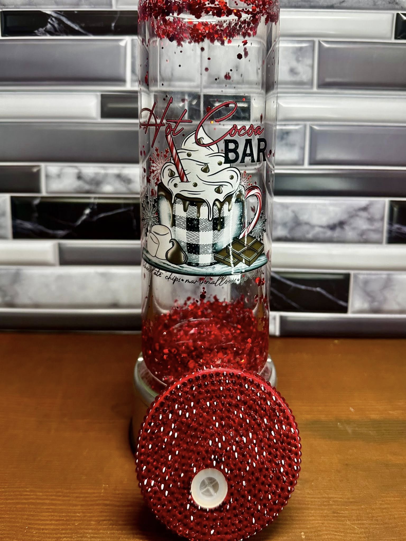 Hot Cocoa Bar Glass Tumbler - Red Glitter Accent