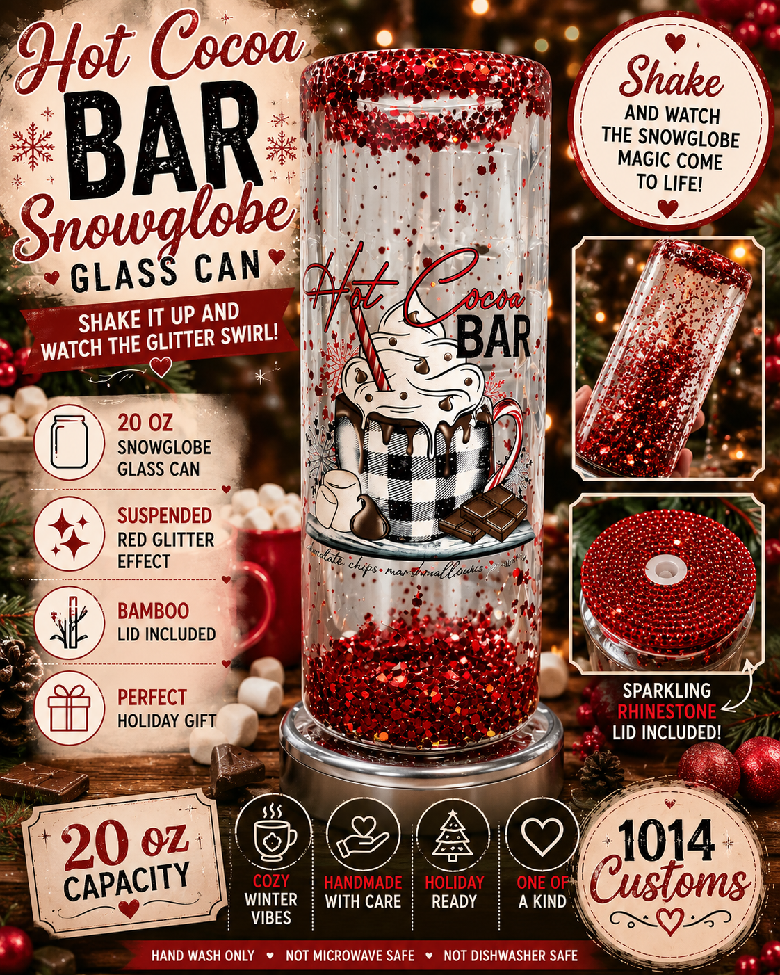 Hot Cocoa Bar Glass Tumbler - Red Glitter Accent