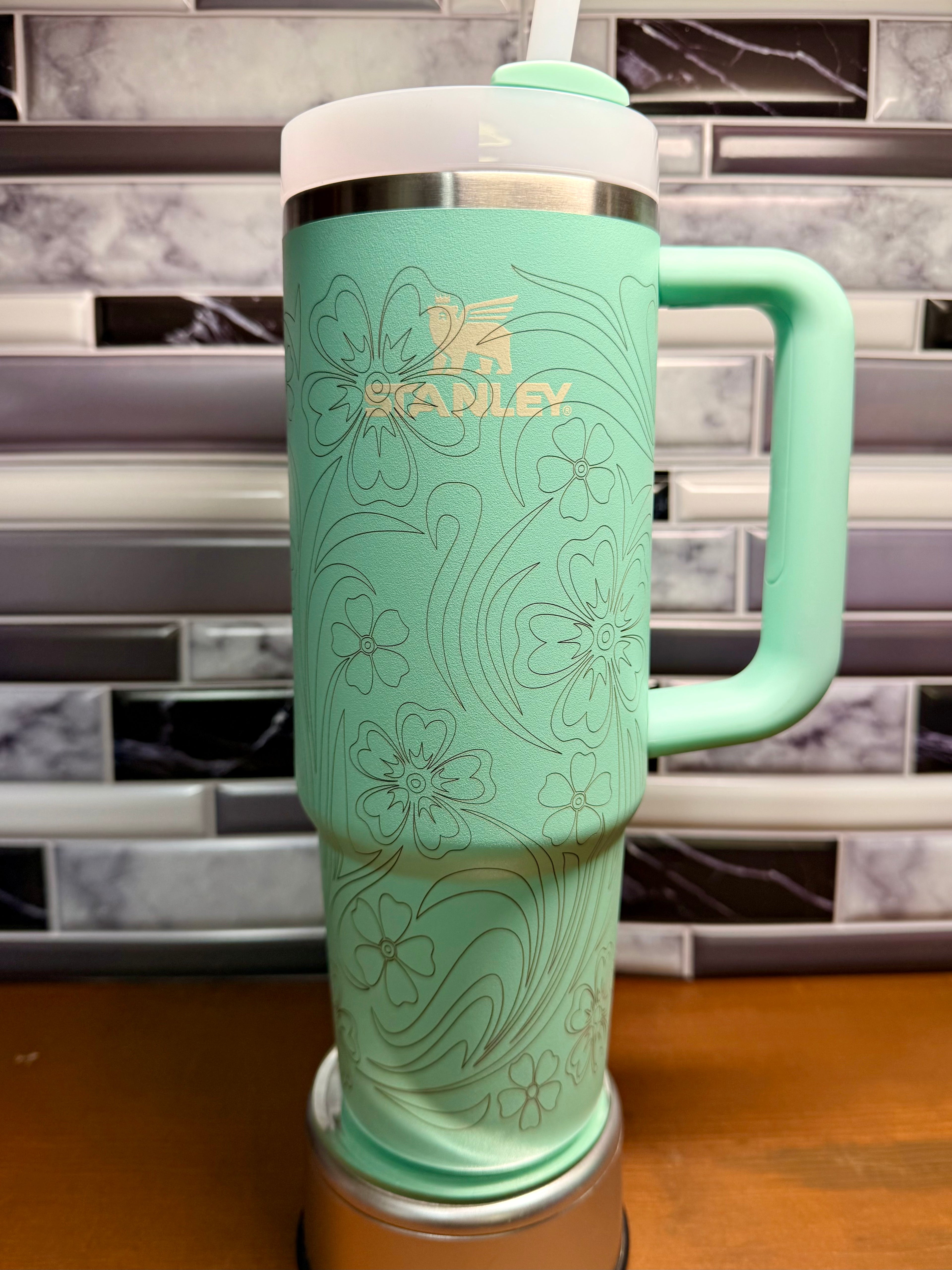 Laser Engraved Stanley Tumbler - Mint Floral Design