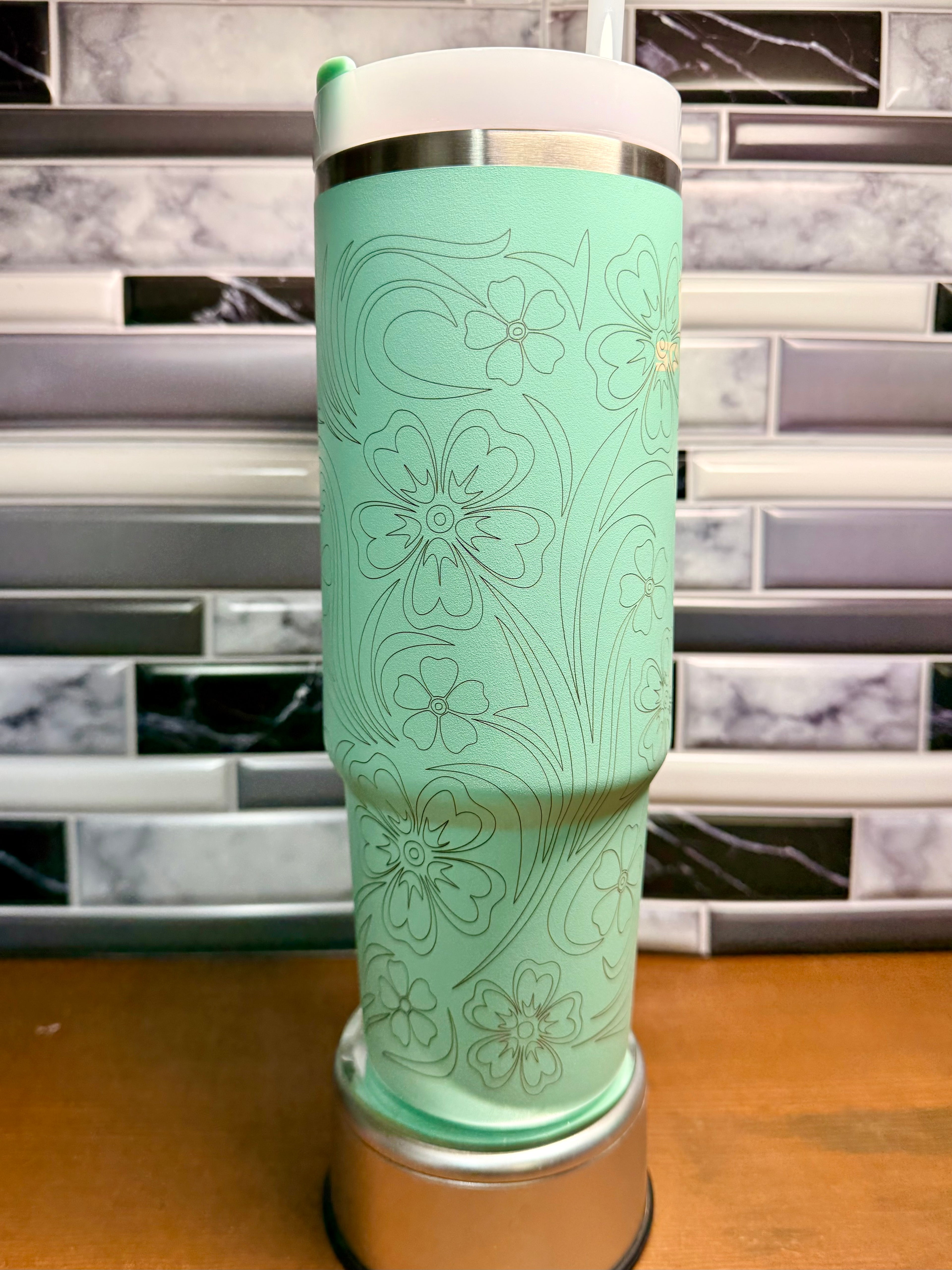 Laser Engraved Stanley Tumbler - Mint Floral Design