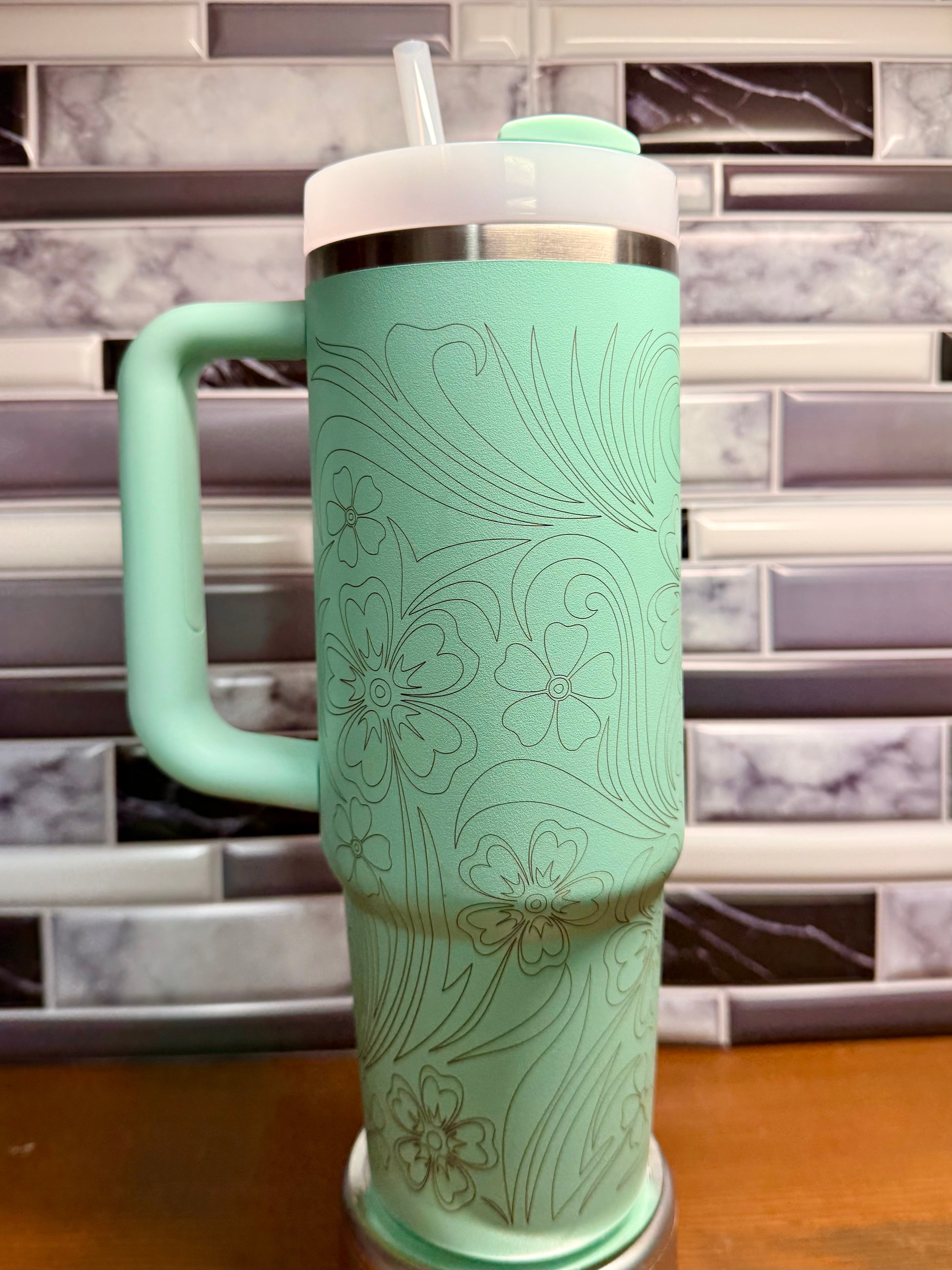 Laser Engraved Stanley Tumbler - Mint Floral Design