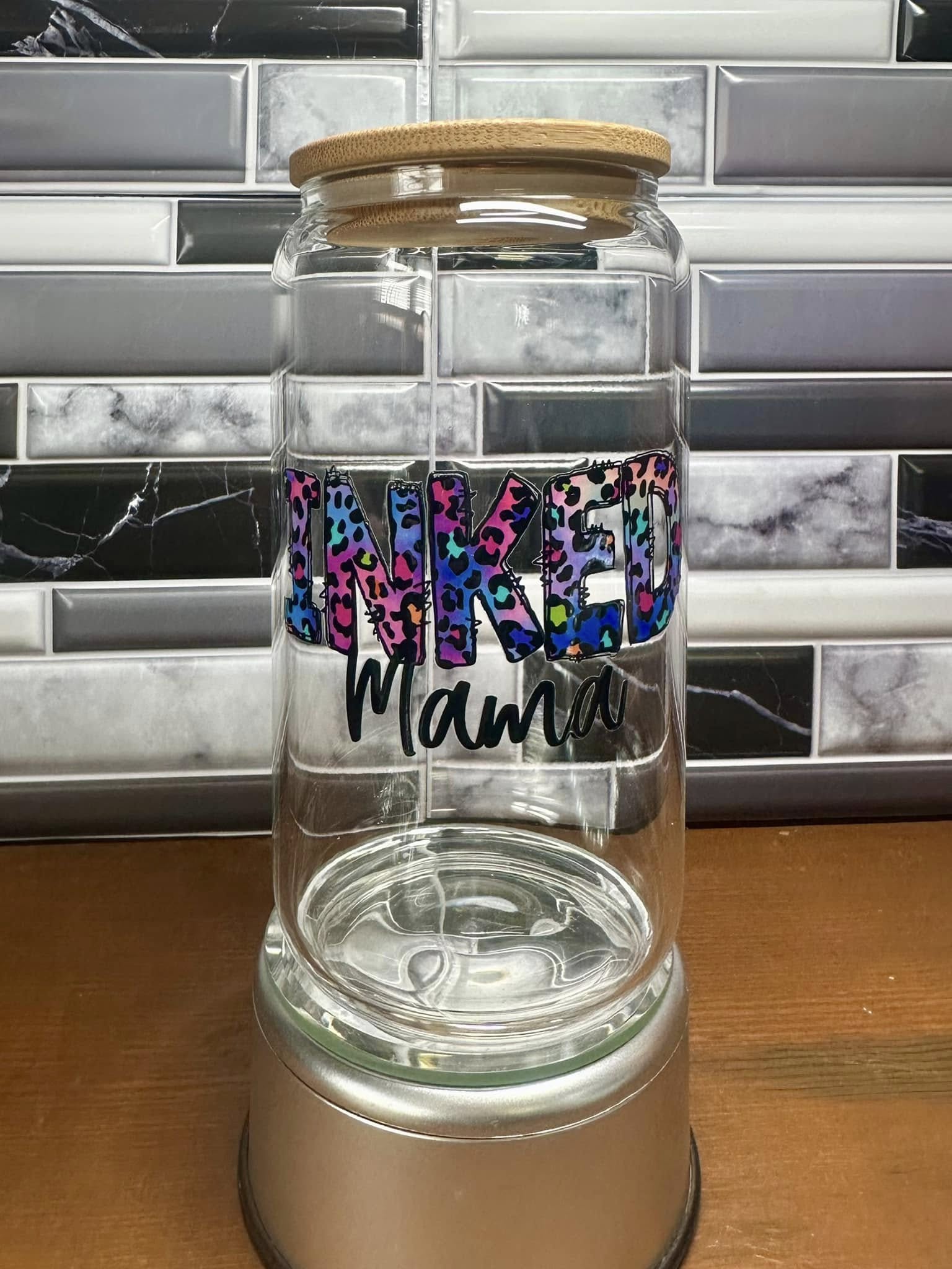 Inked Mama 16 oz Glass Tumbler with Bamboo Lid