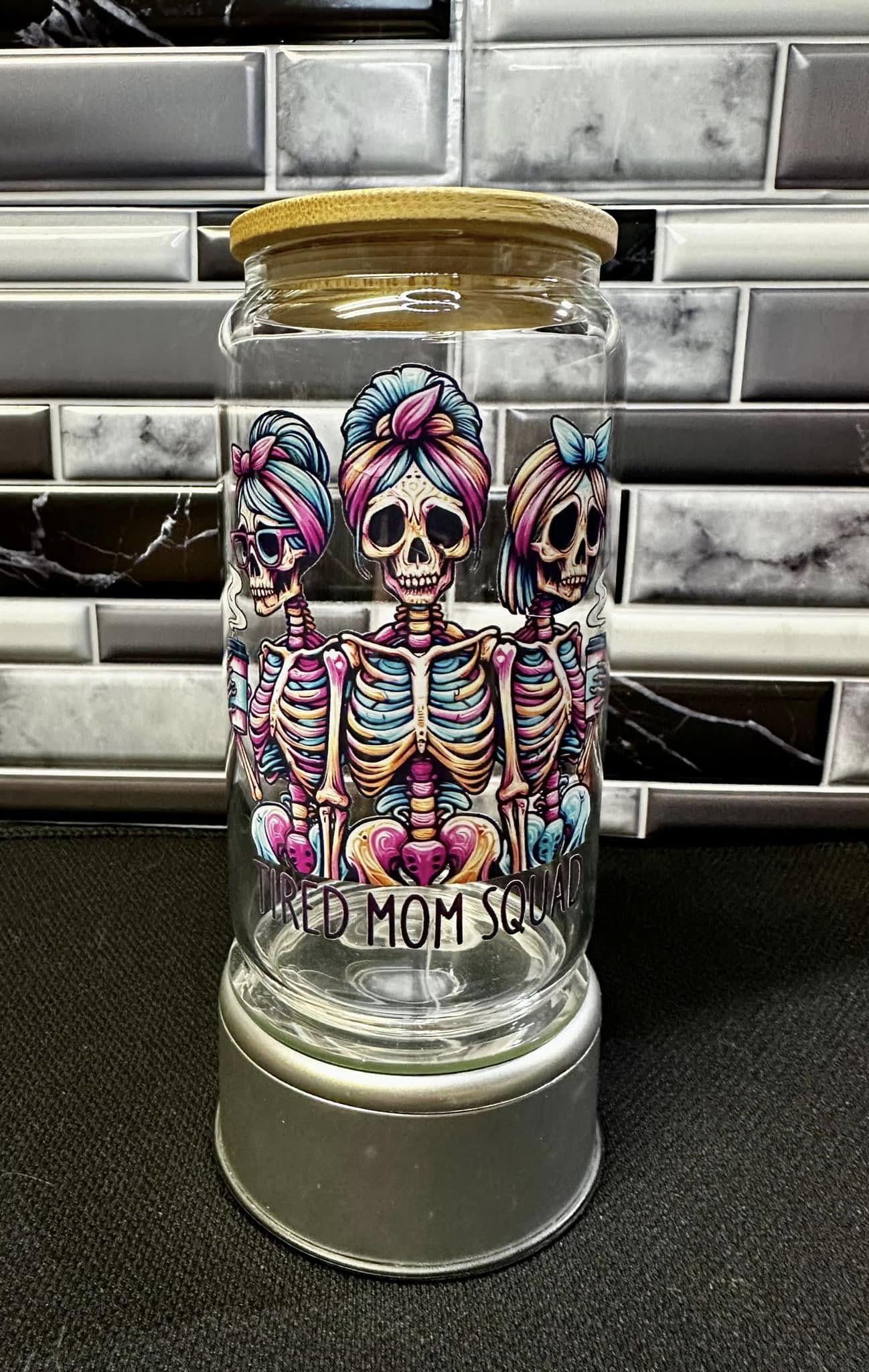 Tired Mom Squad 16oz Glass Tumbler with Skeleton Design