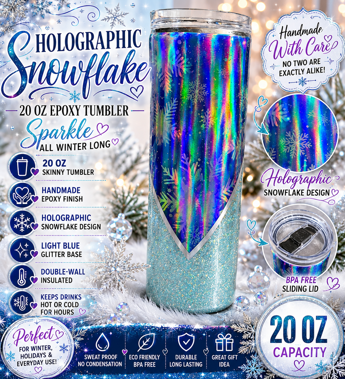 Holographic Snowflake Winter Tumbler 20oz