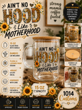 Ain't No Hood Like Motherhood - 15 oz Glass Mug with Bamboo Lid